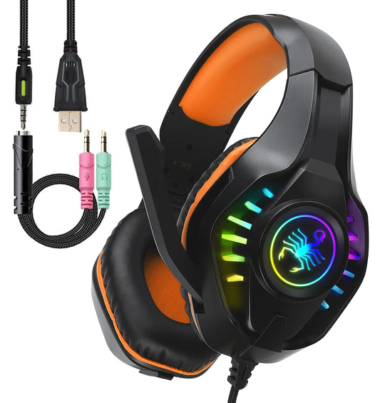 SVYHUOK Pro Gaming Headset for PC PS4 Xbox One Bass Surround Sound Over-Ear Headphones with Mic/LED Light/Soft Memory Earmuffs for Computer Laptop Switch Games Kids Boys Teens Gifts