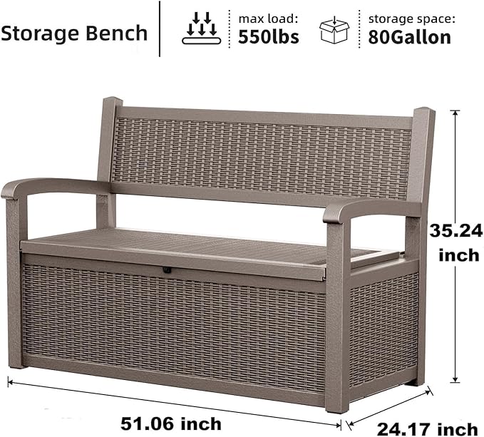 EasyUp 80 Gallon Outdoor Storage Bench Lockable Deck Box Outdoor Storage Box Waterproof for Patio,Garden,and Porch – Perfect for Storing Garden Tools and Cushions(Gray)