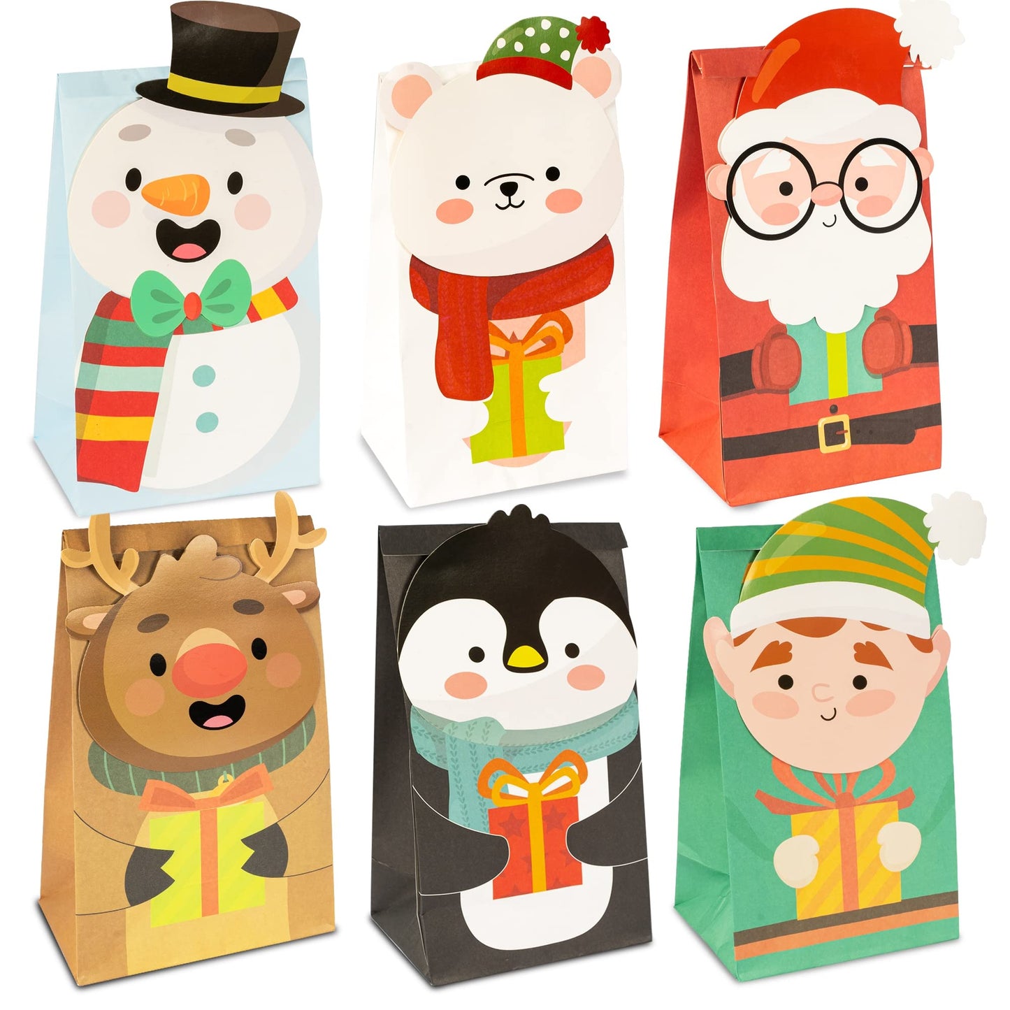 Uptotop 24 Pack 2D Christmas Treat Bags with 6 Assorted Designs, Xmas Kraft Paper Bags for Holiday Cookie Candy Party Favor Supplies Decor