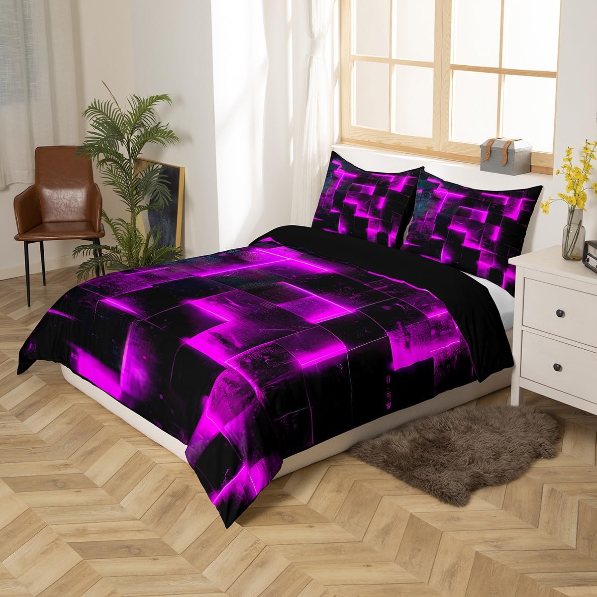 Erosebridal Black and Purple Duvet Cover Queen Modern Abstract Queen Bedding Set, 3D Glowing Plaid Comforter Cover Gradient Grid Bed Set, Neon Square Bedding 3pcs (Black Reversible)