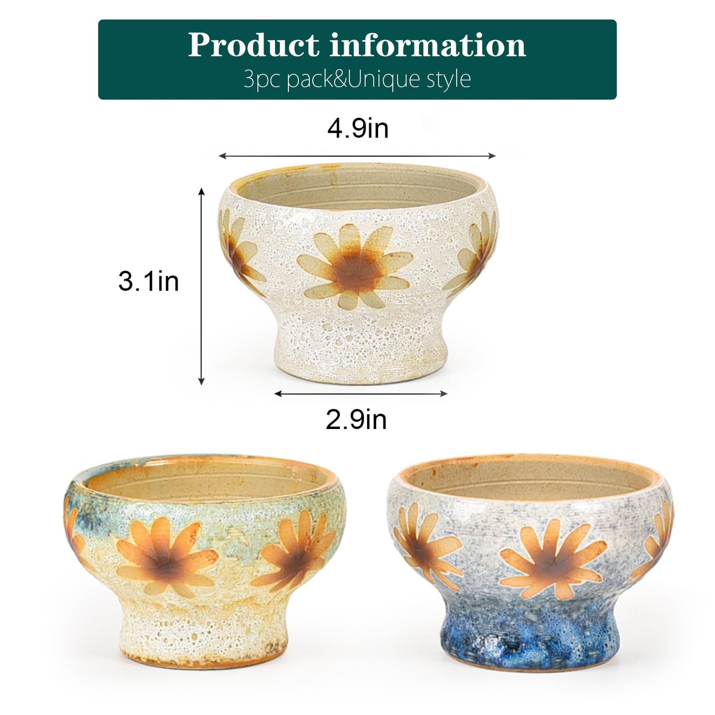 Sungmor Small Succulent Planters Set of 3, Beautiful Hand Crafted Ceramic Plant Pots Cute Cactus Pot, 4.9 Inch Flower Pots for Indoor Plants with Drainage, Desktop Windowsill Home Office Decor Pots