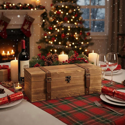 MyGift Wooden Wine Gift Box, Whiskey Box with Locking Latch & Leather Straps, for Christmas, Wedding Champagne, Beer,Vintage Rustic Brown, 14x5x5 Inches