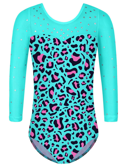 TFJH E 3/4 Sleeve Girls Gymnastic Leotards Practice Ootfits Ballet Bodysuits Tumbling Wear Green Leopard 4A