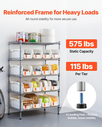 VEVOR 5-Tier Rolling Bin Storage Rack, 16 Organizer Bins, Bin Rack Storage Steel Wire Shelving System with Wheels, Mobile Tool Organizer for Garage, Warehouse, Office, Restaurant, Classroom, Kitchen