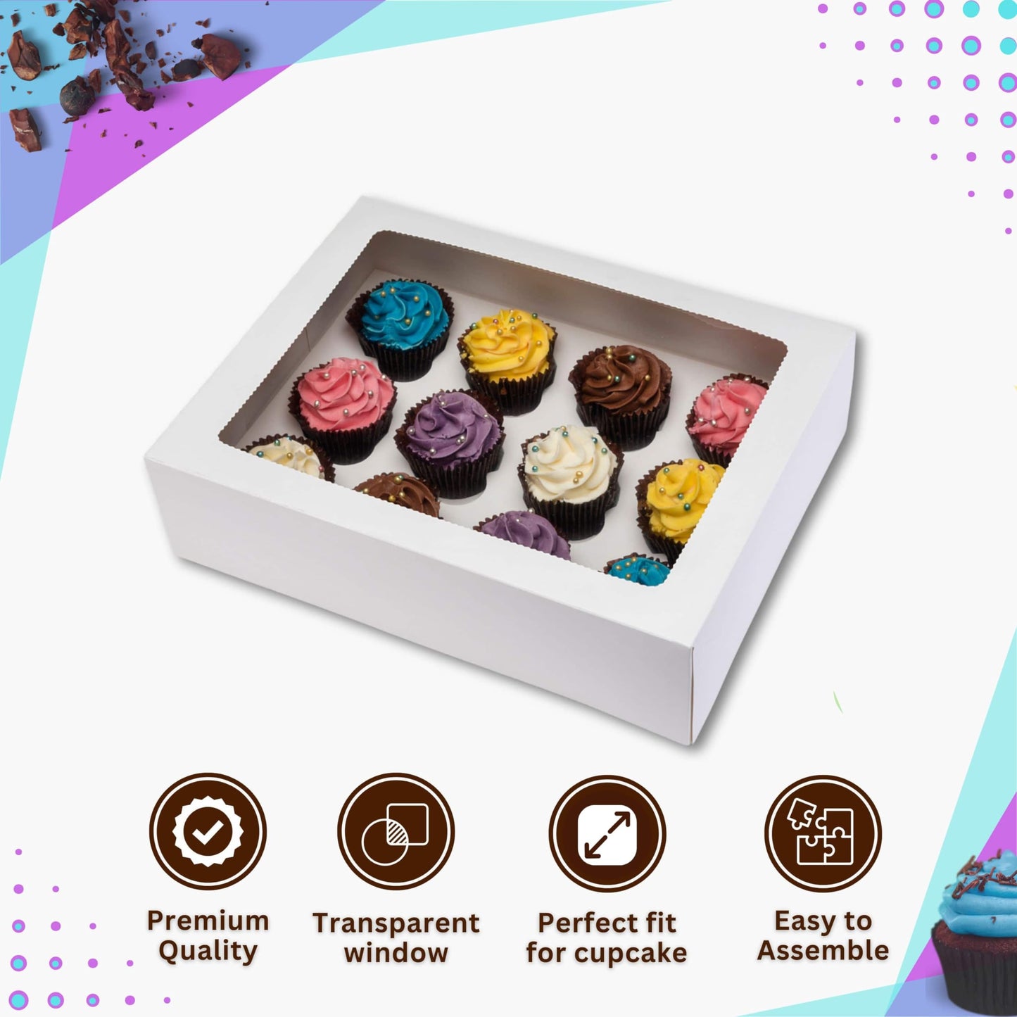 PACK N TRADE 10 Pcs cupcake boxes 12 hole - Multifunction Inserts Deep cake boxes for cupcakes – White cup cake boxes (33 x 24.2 x 7.5 cm) with Clear Window - Ideal for Muffins, Cupcakes & Pastries