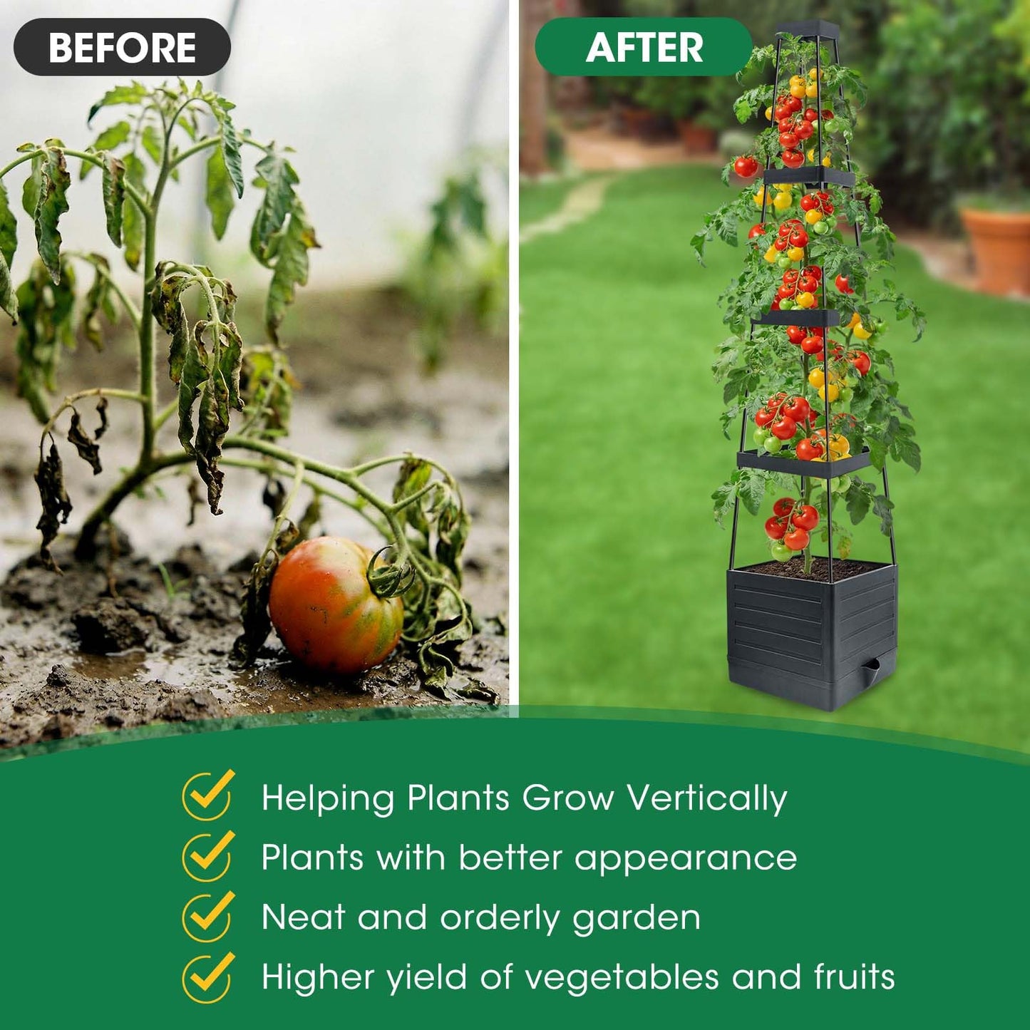 MQFORU 4Pack Raised Garden Bed Planter Boxes with Trellis, 57" Self-Watering Tomato Planter Boxes with Trellis for Climbing Vegetable and Plants, Tomato Cage for Indoor Outdoor Use