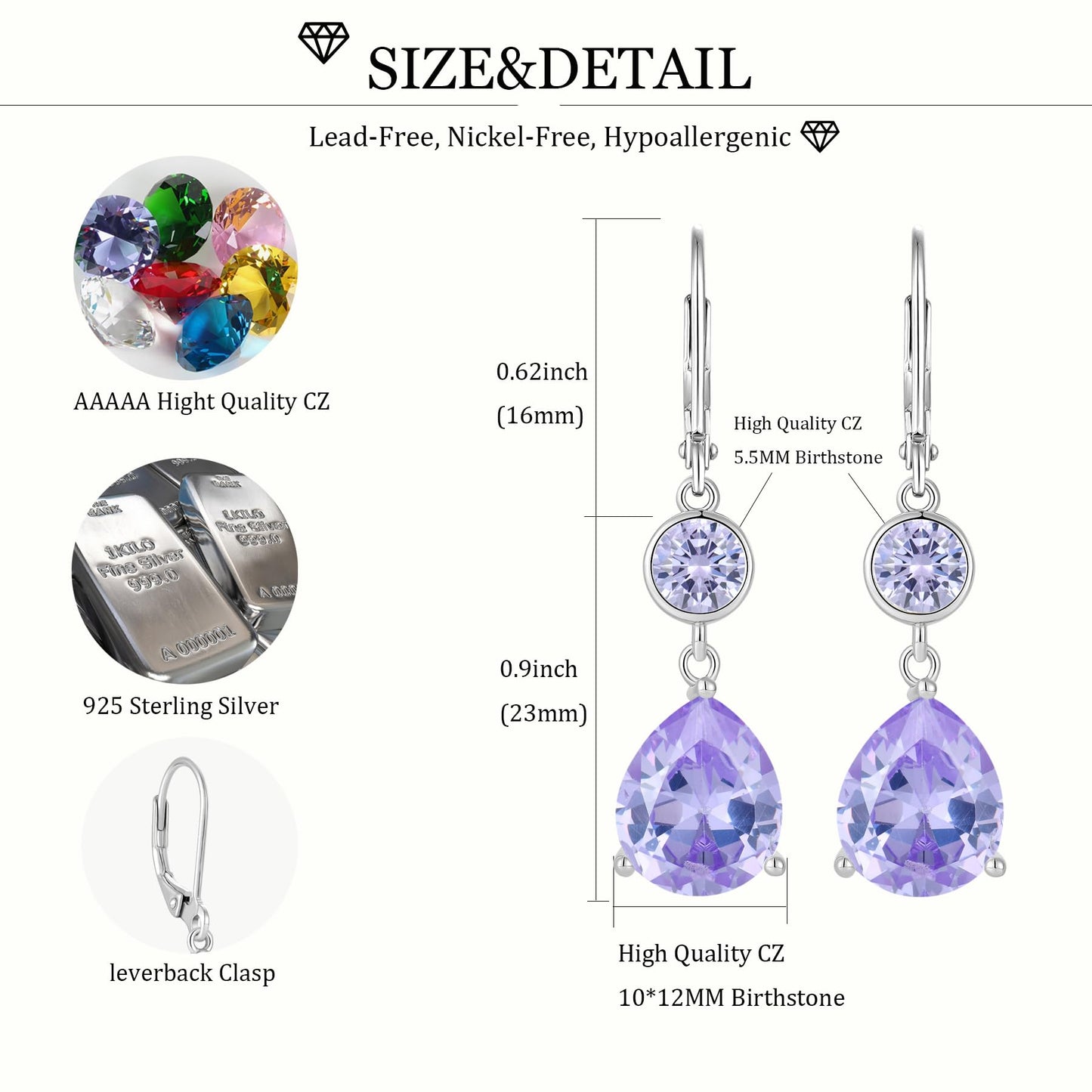 FYNSBLE Alexandrite Earrings for Women Sterling Silver Dangle Drop Leverback Earrings Hypoallergenic Jewelry for Women