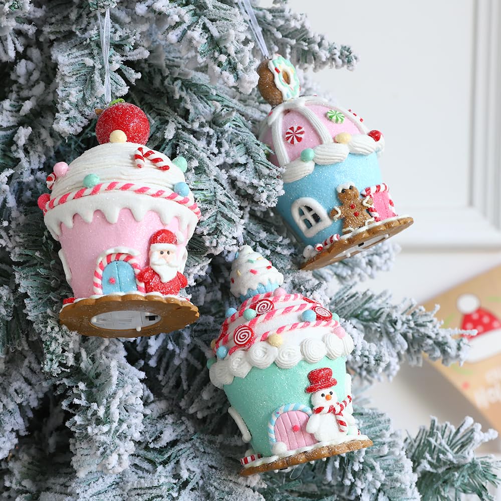 Christmas Pastel Gingerbread House Ornaments Decorations,3pcs Soft Clay Pastel Pink Blue Green Small Candy House With Light Christmas Ornaments for Christmas Tree Hanging Pendants Xmas Tree Decoration