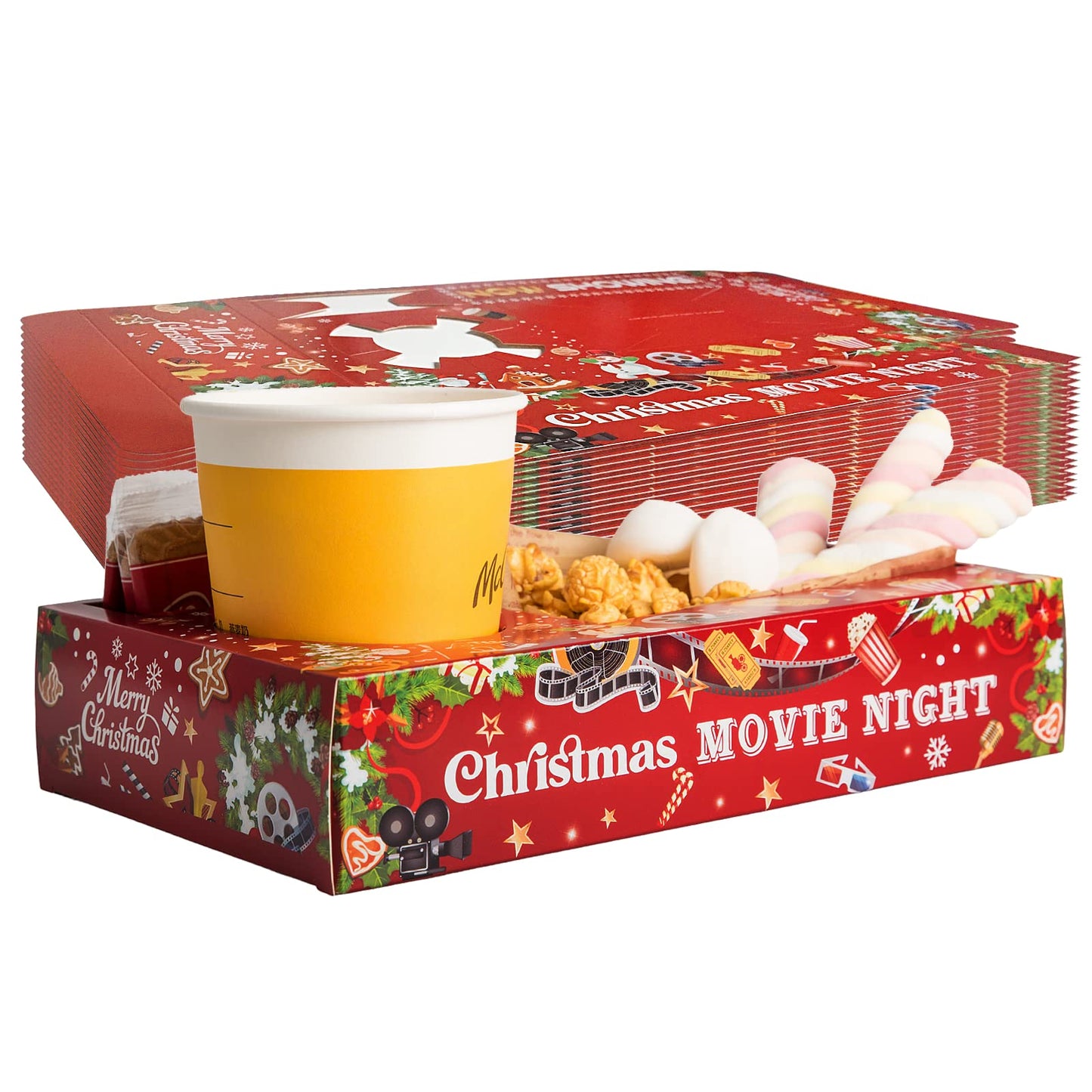 40 Pcs Christmas Party Supplies - Xmas & Birthday Party Favors - Snowman Family Movie Night Paper Snack Trays - Popcorn & Drink & Candy Box