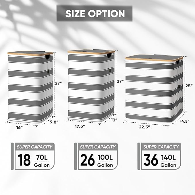 BALEINE Laundry Hamper with Lid, Tall Laundry Baskets with Bamboo Pull Handles