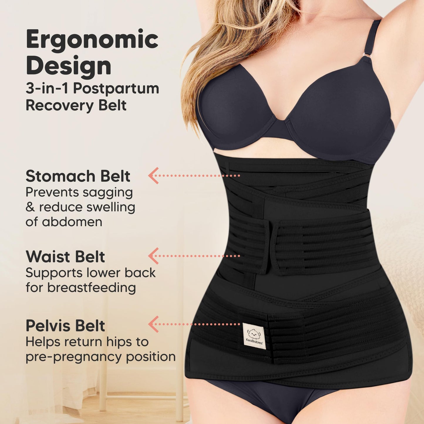 KeaBabies 3 in 1 Postpartum Belly Support Recovery Wrap – 2-Pack Postpartum Belly Band, After Birth Brace, Slimming Girdles, Waist Shapewear, Post Surgery Pregnancy Support Band (Black/Ivory, M/L)