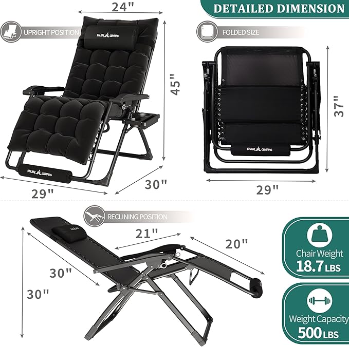 UDPATIO Oversized Zero Gravity Chair 29In XL Patio Reclining Chair with Cushion, Outdoor Folding Recliner with Pillows|Cup Holder|Foot Rest|Padded Headrest, Black, Support 500LB