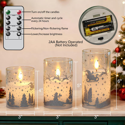 DRomance Reindeer Glass Flameless Candles Battery Operated with Remote and Timer Real Wax Silver Glitter 3D Wick LED Flickering Candles Warm Light Indoor Christmas Holiday Decor 3" D x 4", 5", 6" H