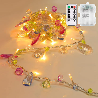 [Updated Version] Indoor House String Lights-Bohemia Style String with Jewels-Colorful Jewels LED Fairy Christmas Lights-Battery Powered-8 Mode- Remote-Timer30 Warm White LED Gift Lights for Girl