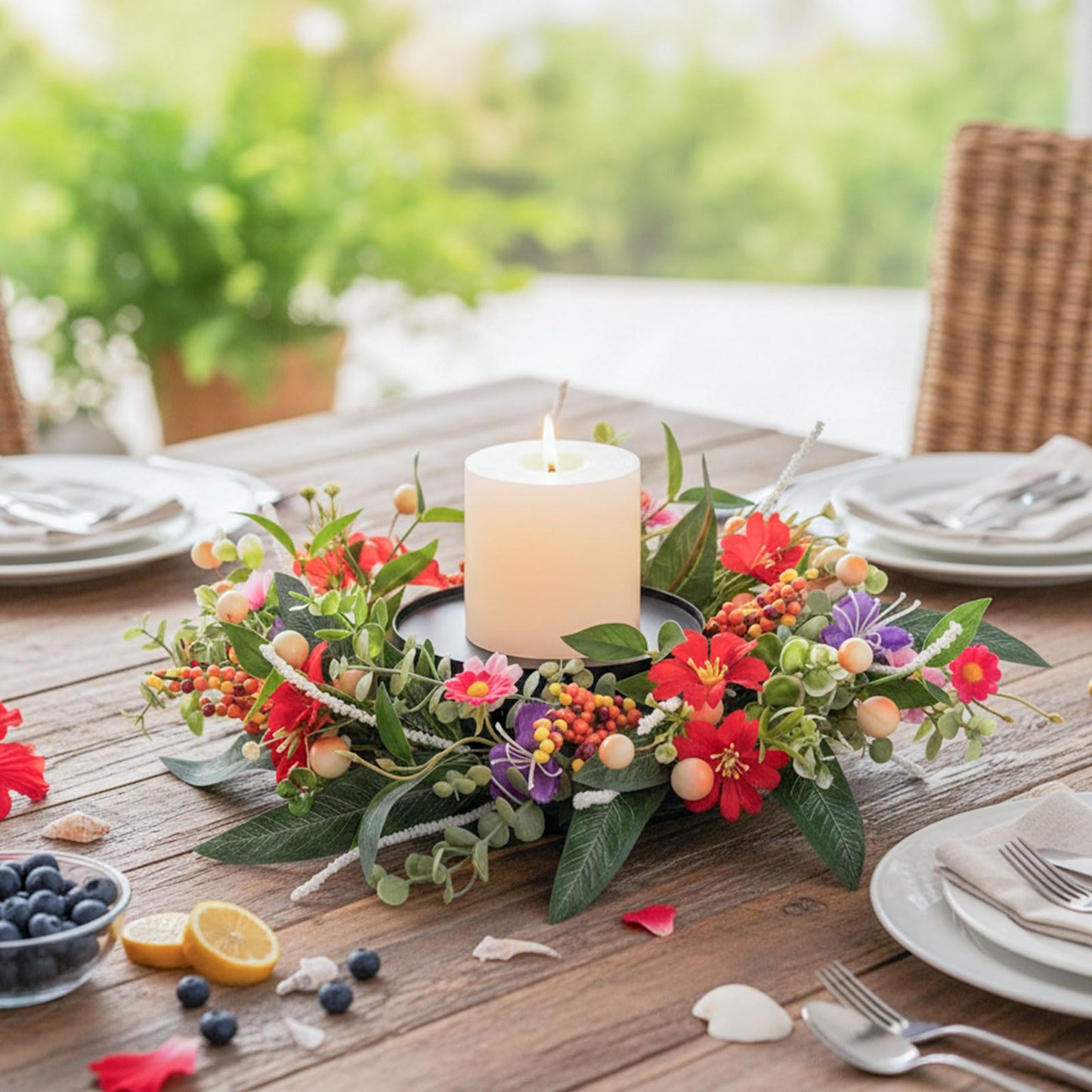 MOYEE Summer Centerpieces for Tables Wreath with Candle Holder,Candle Ring, Black Metal Candlestick with an Artificial Wreaths 14 in Versatile Dining Table Centrepiece (Red Flower Green Leaf Wreath)