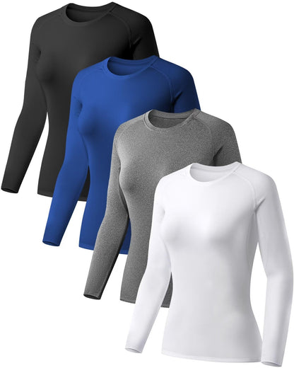 TELALEO 4 Pack Women's Compression Shirt Long Sleeve Performance Workout Baselayer Athletic Top Sports Gear-Black/Grey/White/Blue Small