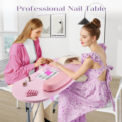 Faquenc Manicure Table with Nail Dust Collector, Portable Nail Table Rolling Nail Desk Nail Tech Travel Nail Station Foldable Professional Nail Salon Table with Cacuum,Arm Rest,Lockable Wheel,Bag,Pink