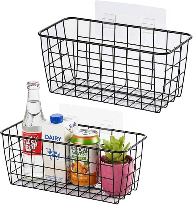 Black Hanging Wall Baskets, inside cabinet door organizer, Adhesive Wire Wall