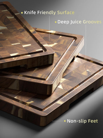 HOSHANHO 3 Packs Acacia Wood Cutting Board Set, Extra Large Cutting Boards for Kitchen Meal Prep, Durable Chopping Board with Built-in Ergonomic Handles & Deep Juice Grooves