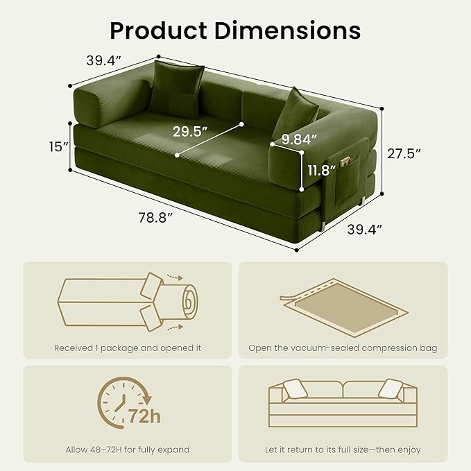 78.8" Convertible Sofa Bed, Corduroy Futon Couch