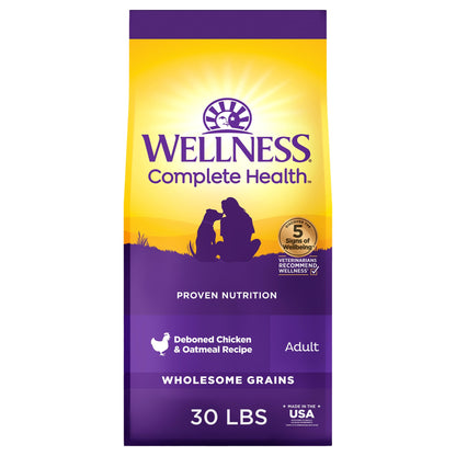 Wellness Complete Health Dry Dog Food with Grains, Made in USA with Real Meat & Natural Ingredients, All Breeds, Adult Dogs (Chicken & Oatmeal, 30-lb) – With Nutrients for Immune, Skin, & Coat Support