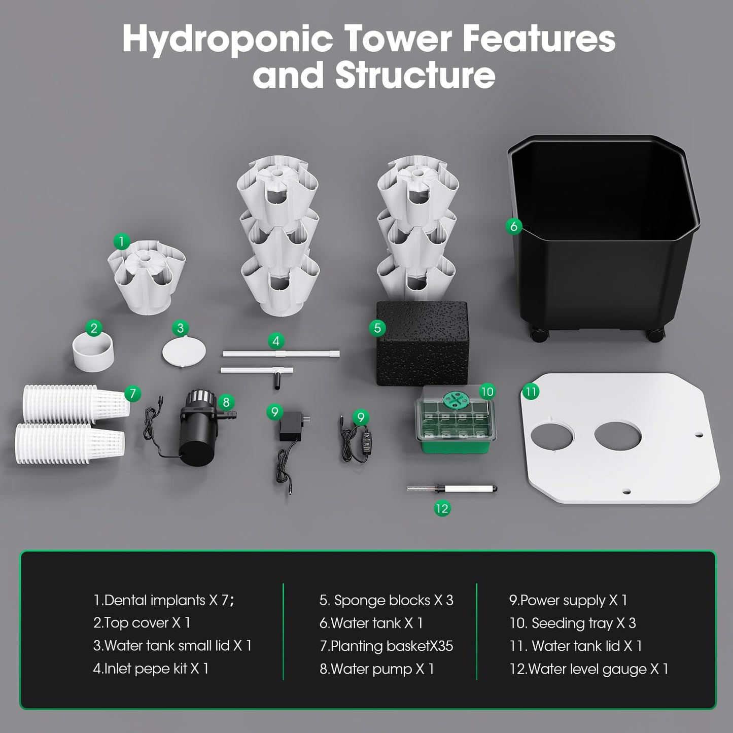 Vertical Hydroponic Tower Garden，35 Pods 7-Layer Indoor Outdoor Growing System with Smart Timer,3 Seed Starter Tray.Water Pump-BPA-Free Modular ，for Hydroponic Gardening Lovers Planting Vegetables