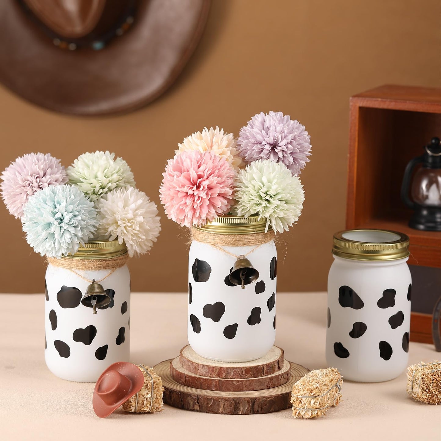 Chunful 6 Pcs Western Cowboy Mason Jars Centerpieces with Brass Bells for Table Cowboy Baby Shower Decorations Cow Print Western Theme Party Baby Shower Table Centerpieces
