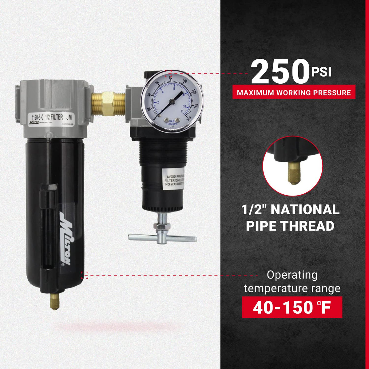Milton 1108 1/2" Filter and Regulator Duo, Black
