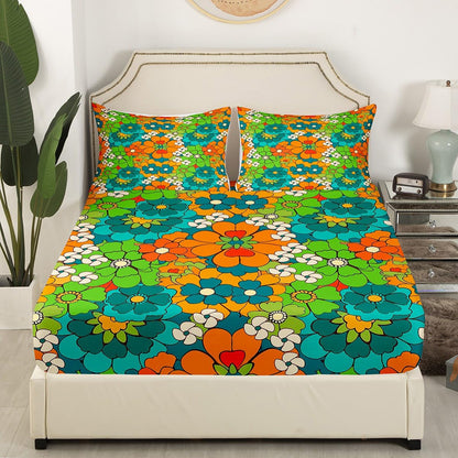 Castle Fairy Abstract Flowers Fitted Sheet Set Full Size 4Pcs,Retro Fresh Style Floral Bedding Set(1 Fitted,1 Flat,2 Pillows),Cartoon Art Deep Pocket Bed Sheets for Girls Teens Room