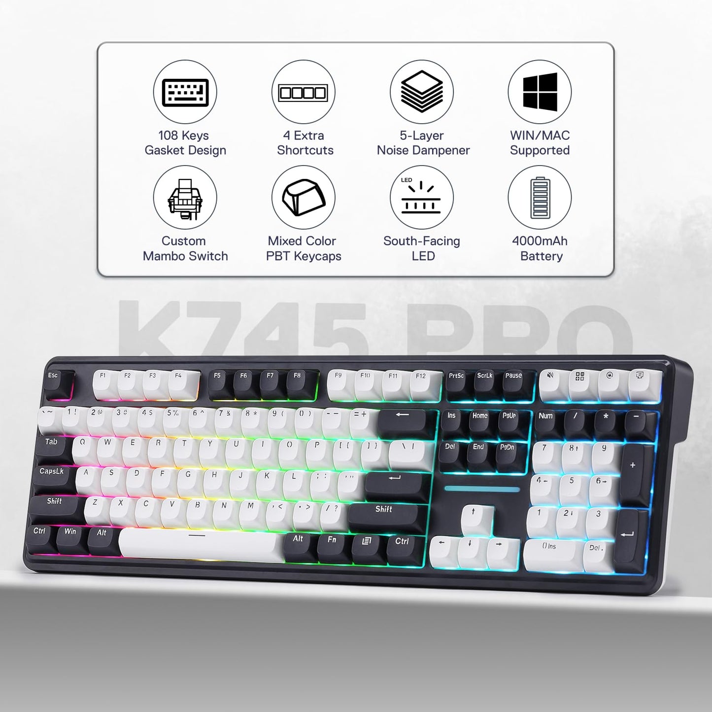 Redragon K745 PRO Wireless Gasket RGB Gaming Keyboard, 108 Keys Mechanical Keyboard w/Extra 4 Hotkeys, Hot-Swap South-Facing LED Socket, 5-Layer Noise Dampening, Round PBT Keycaps, Mint Mambo Switch