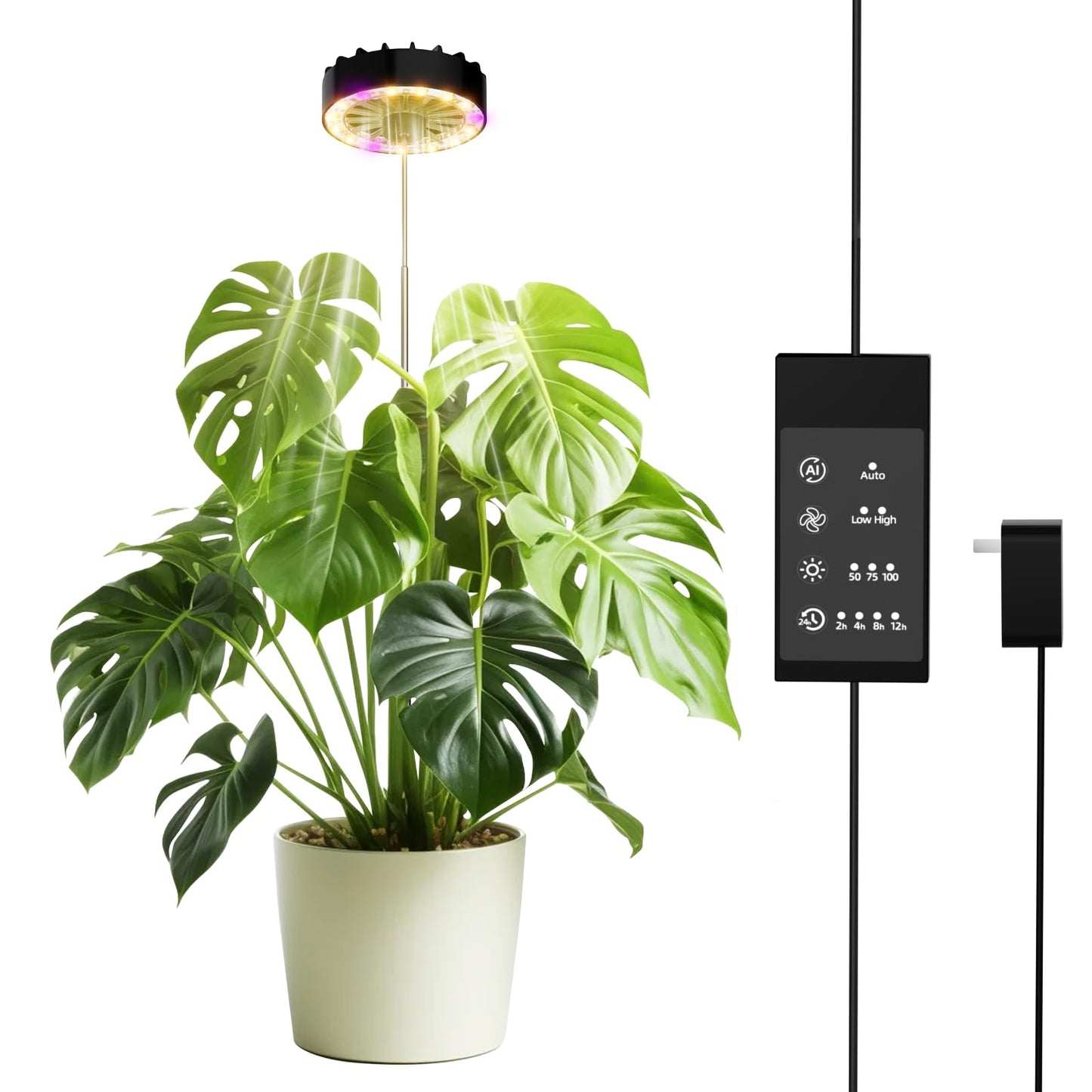 GISMIOSY Height Adjustable Grow Light for Indoor Potted Plants, Full Spectrum Plant Light with Fan, Metal Pole Stake Growing Lamp, CRI 90+, 2/4/8/12H Timer, Ideal for Tall Plants & Succulents 1 Pack