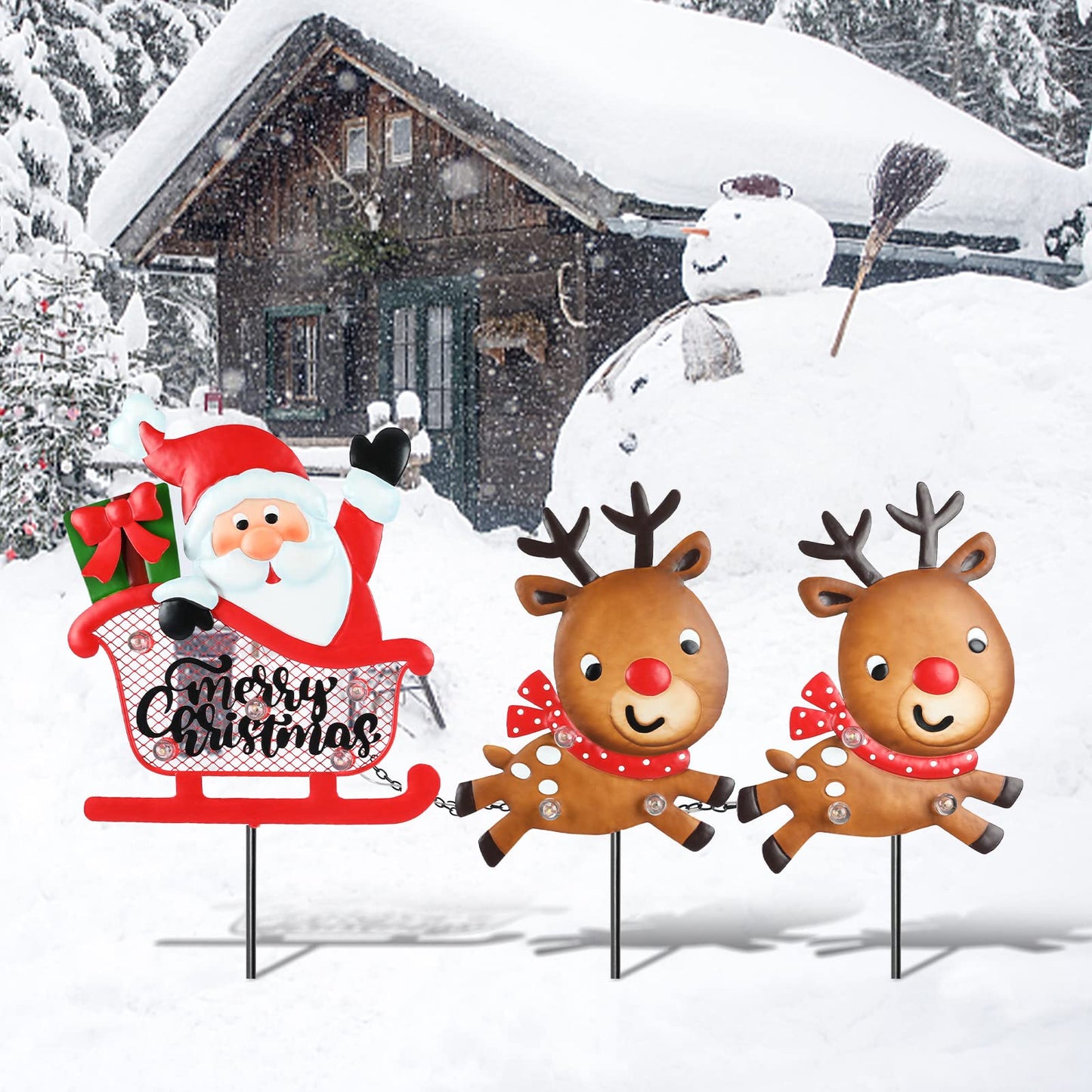 WONDER GARDEN Christmas Metal Yard Stakes, Lighted 3 Pack Christmas Garden Stakes Yard Signs, Outdoor Decorations with Santa Sleigh and Reindeer for Lawn Party Outside