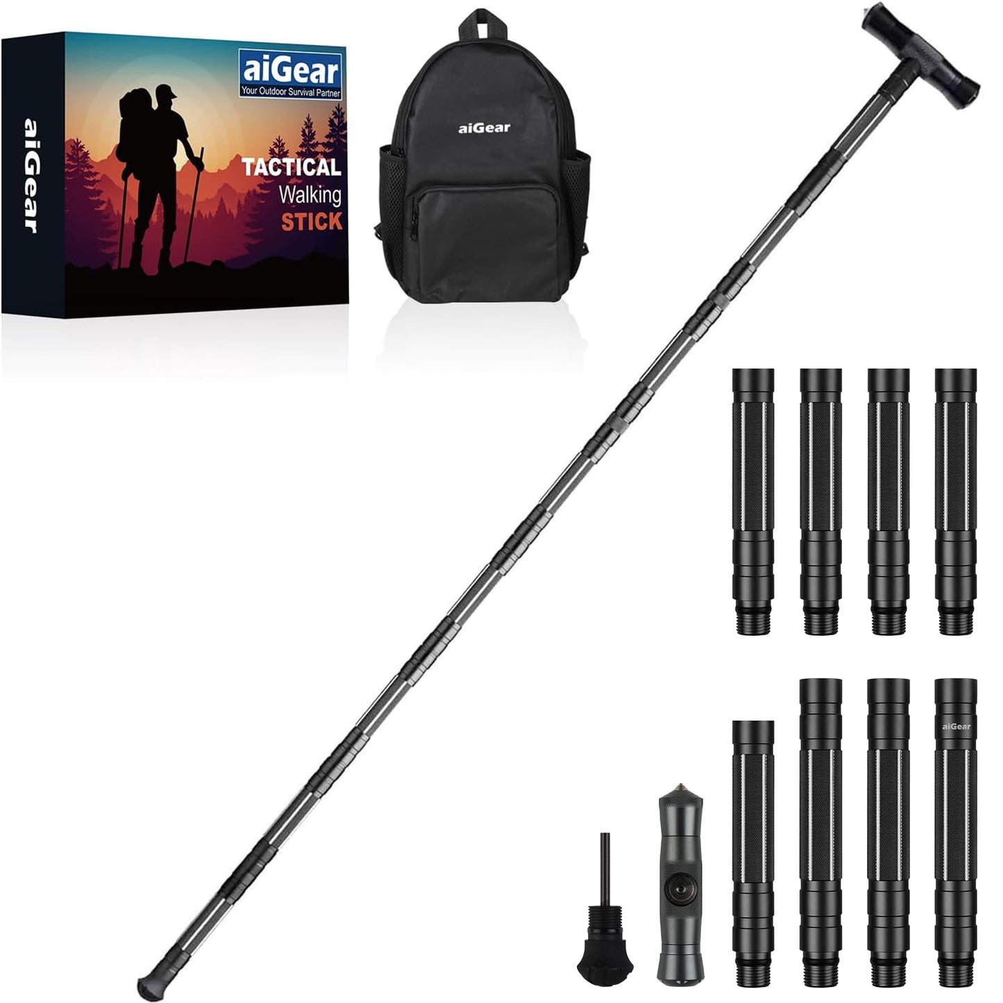 aiGear G2 Tactical Hiking Stick, Heavy-Duty 8 Section Adjustable Walking Staff for Men Women, Aerospace Aluminum Trekking Poles with Multi-Tool for Camping Wading Self Defense Overlanding