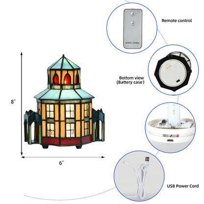 HomeBeauty A0005 Tiffany Lighthouse Lamp Stained Glass LED Accent Table Lamp, Christmas Table Decorations for Living Room Tabletop Party, 6" W x 8" H, LED and Remote Control Included (Opera House)