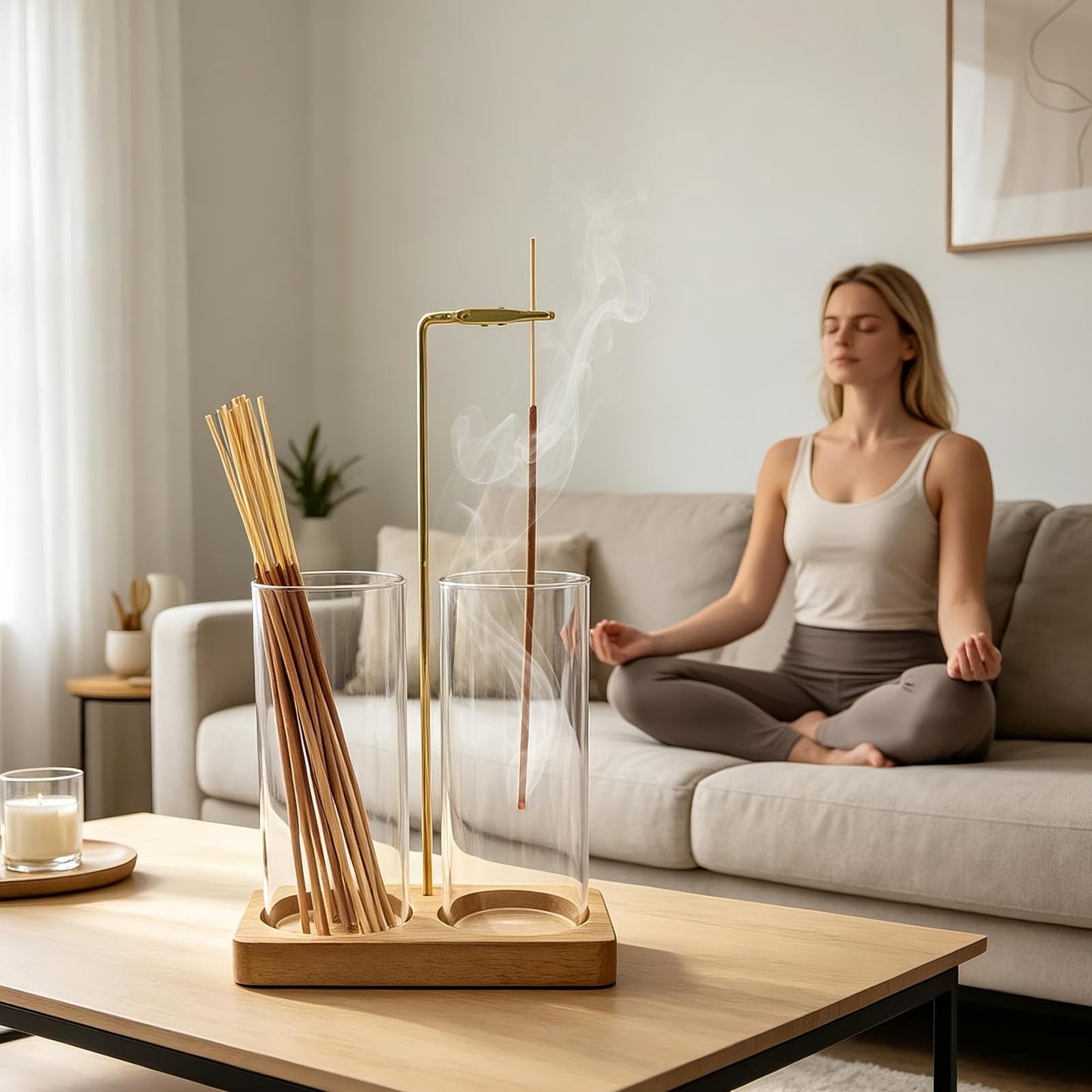 Acacia Incense Holder for Sticks, 2 in 1 Incense Burner with Glass Ash Catcher, 20 Incense Sticks and Brush, Backflow Incense Burner, Incense Burner for Meditation Yoga Spa