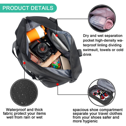 Sports Bag, Foldable Travel Bag with Shoe Compartment and Wet Compartment, CS COSDDI Water-Repellent Weekender Gym Travel Bag, Hand Luggage Bag, Training Bag for Men and Women, A1 Black, Reisetasche