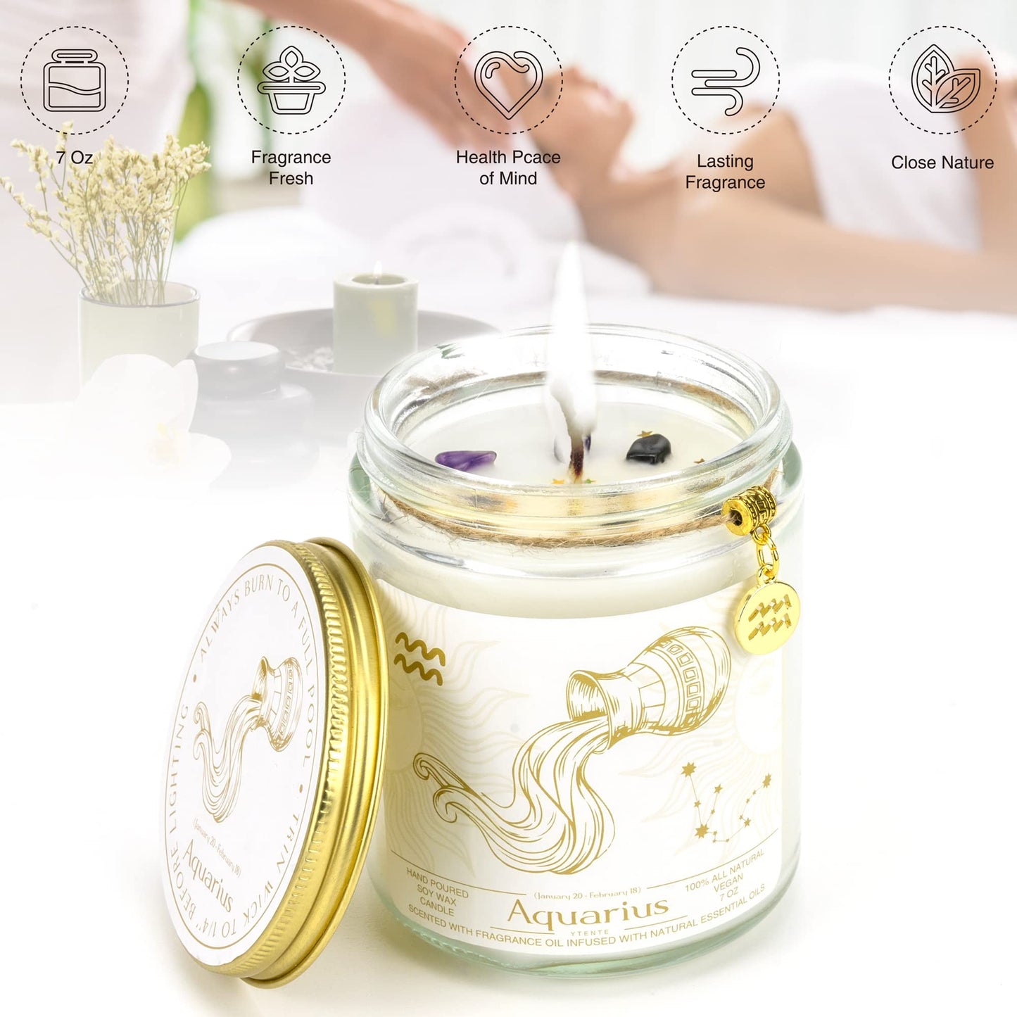 YTENTE Zodiac Sign Candles Gift, Zodiac Crystals Candles Jar,Astrology Lavender Scented Soy Stones Candles Best Friends Gifts for Women Men Sister Brother Funny Birthday Gift (Aquarius)