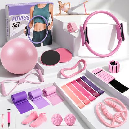 Pilates Kit 24PCS for Women, Pilates Equipment Ring Ball Set with Magic Circle,Resistance Bands Yoga Strap Wrist Ankle Weights Accessories for Beginner Home Fitness Gym Workout(Pink)