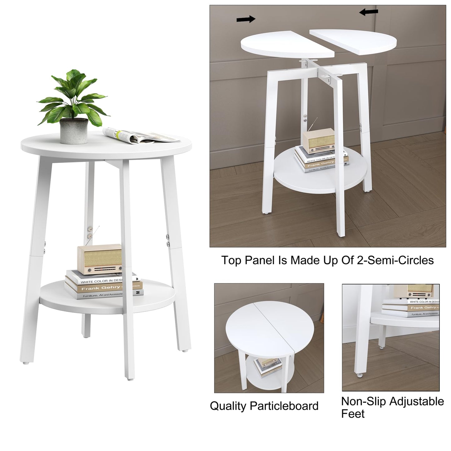 sthmec Side Table, Small Round End Table with Storage Shelf for Small Space, 2-Tier Bedside Table Sofa Couch Table, Round Accent Table Nighstands for Living Room, Bedroom,White