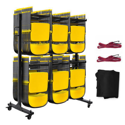 Folding Chair Cart, 2-Tier Heavy Duty Chair Storage Rack with Wheels, Holds 84 Chairs or 42 Chairs + 12 Tables, 1000 lbs Capacity, Locking Casters, Cover & Straps for Events, Church, School