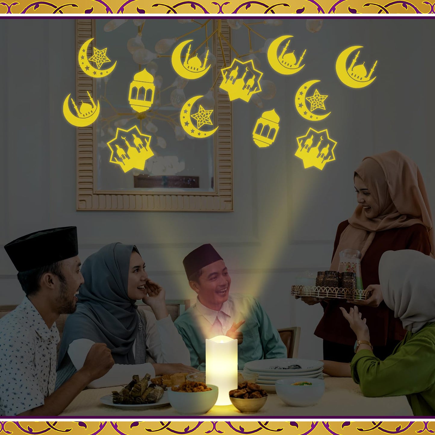 Baquler Ramadan Flameless Candles Projector Light Eid Mubarak LED Candle Battery Operated Star Moon Night Light with Remote and Timer Eid Mubarak Electric Gifts Ramadan Decoration for Home Room Decor