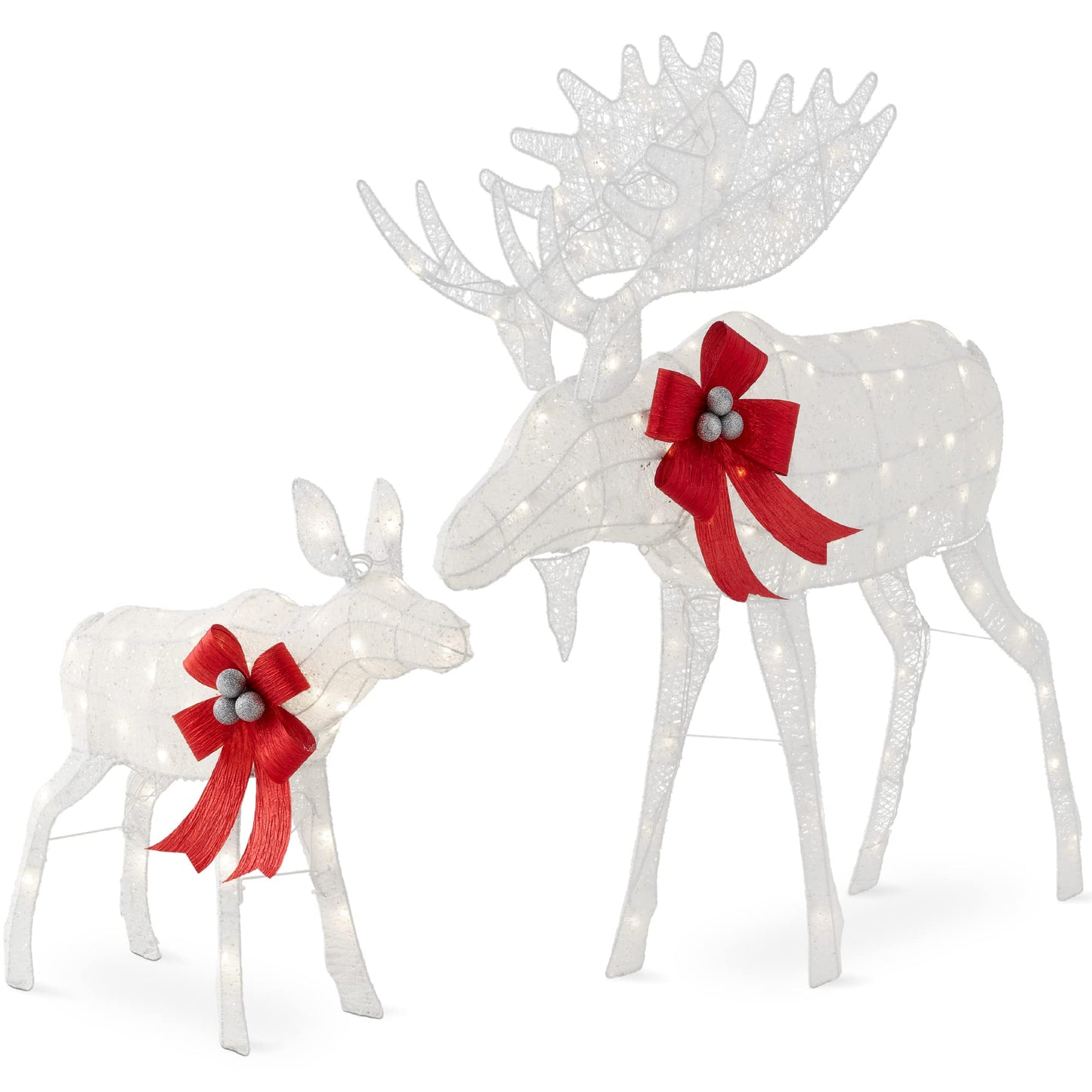 Best Choice Products 2-Piece Moose Family, Lighted Outdoor All-Weather Christmas Yard Decoration Light-Up Décor Set w/ 170 LED Lights, Ground Stakes, Zip Ties - White