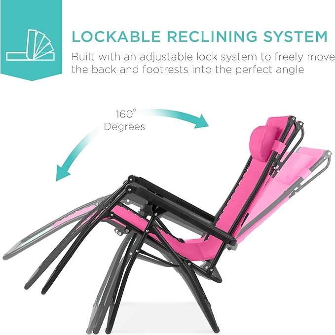 Best Choice Products Folding Zero Gravity Outdoor Recliner Patio Lounge Chair w/Adjustable Canopy Shade, Headrest, Side Accessory Tray, Textilene Mesh - Hot Pink/Black