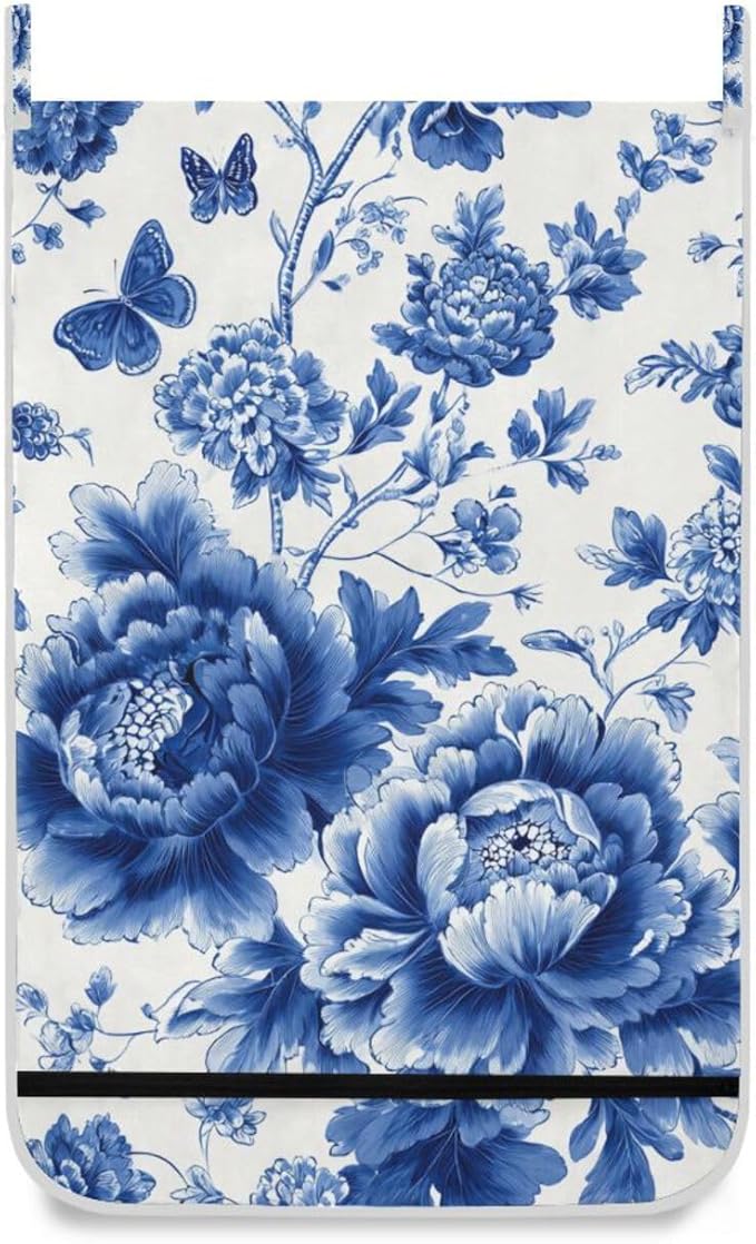 Blue and White Peony Flowers Butterfly Hanging Laundry Hamper Door Hampers Bag