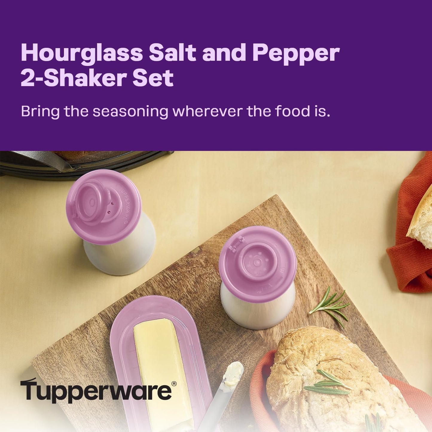 Tupperware Hourglass Salt and Pepper 2-Shaker Set in Purple, Liquid Tight Lids, BPA-Free, Dishwasher Safe