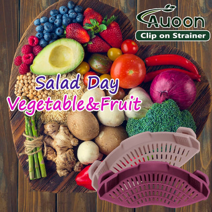 AUOON Clip On Strainer Silicone for All Pots and Pans, Pasta Strainer Clip on Food Strainer for Meat Vegetables Fruit Silicone Kitchen Colander