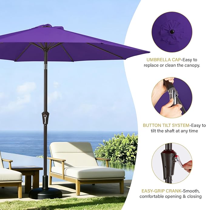 MEWAY 9ft Patio Umbrella Outdoor Table Umbrellas with Push Button Tilt and Crank, Market Umbrella 8 Sturdy Ribs for Deck, Garden, Pool and Backyard, Dark Purple
