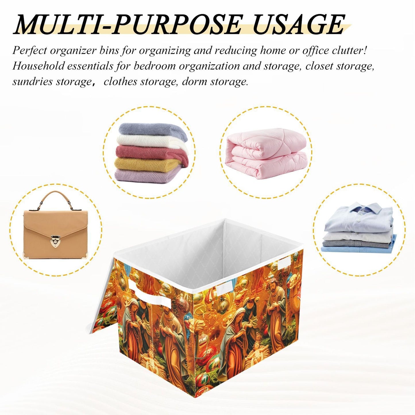 Bokkoy Nativity Scene Art Lidded Storage Bins with Handles - 16.5"x12.6"x11.8" Foldable Organizing Box, Oxford Fabric & Honeycomb Board, Dust-Proof Flip Lid for Closet/Office