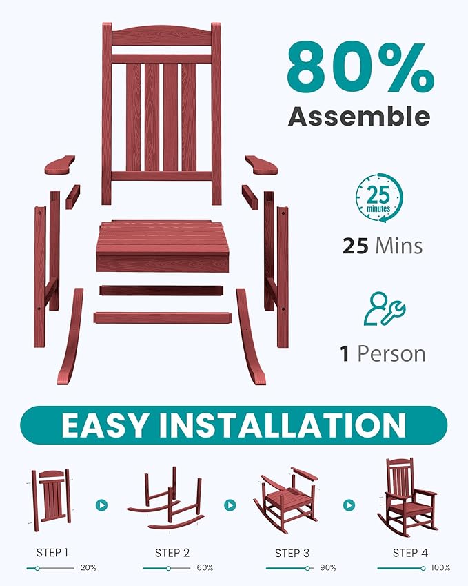 SERWALL Patio Rocking Chairs Set of 2, HDPE Outdoor Rockers for Adults, Oversized All-Weather Porch Rocking Chairs, Red