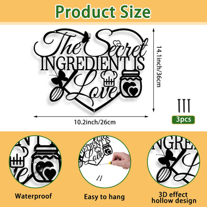 The Secret Ingredient Is Love Metal Wall Art Sign, Black Kitchen Signs Wall Decor, Farmhouse Dining Room Decorations, Housewarming Gift for Mom, Wife, Couples (Black)